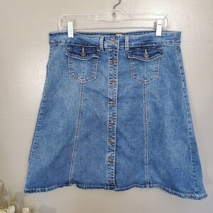 Suzanne Betro Denim Skirt Womens Size 12 Blue Midi Button Front Pockets Stretch